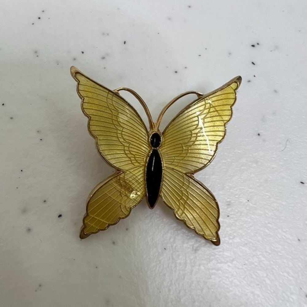 Butterfly Brooch Yellow Black‎ Gold Tone Mid Century Modern Mod Vintage Art Deco